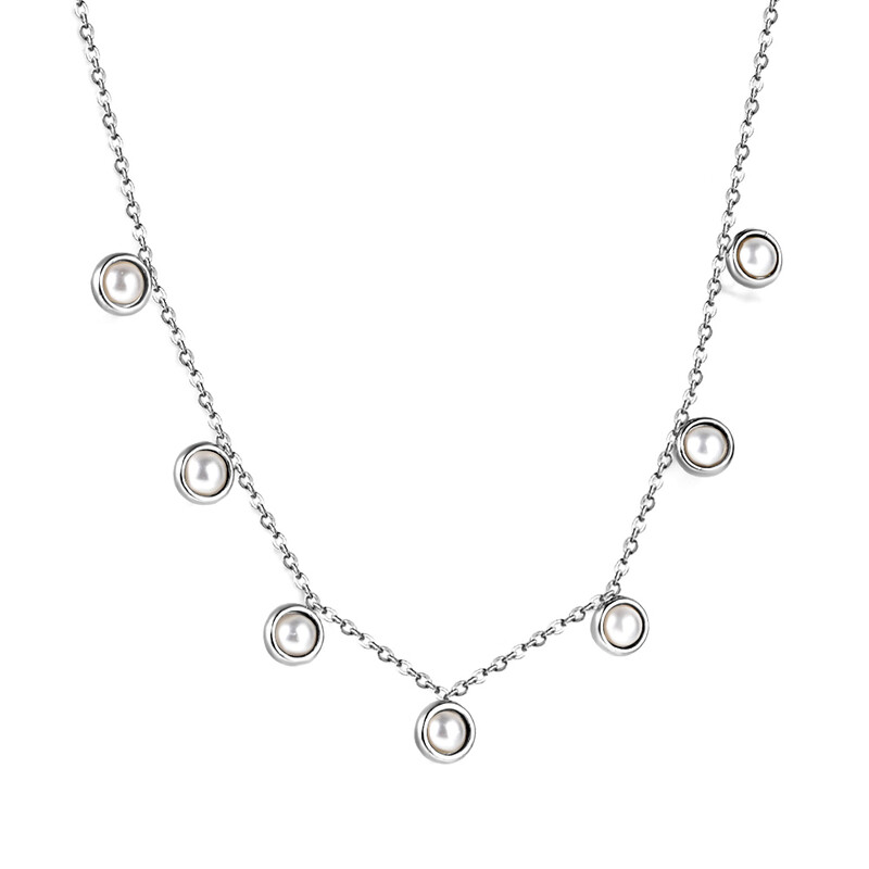 Silver Tone Stainless Steel Station Necklace with White Pearls, 40+5cm Geometric Pear