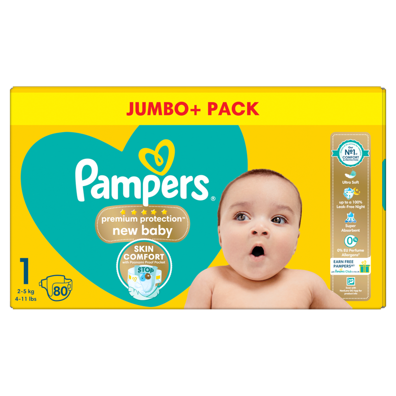 New Baby Premium Protection Nappies Size 1 80 Pack Jumbo+ Pack