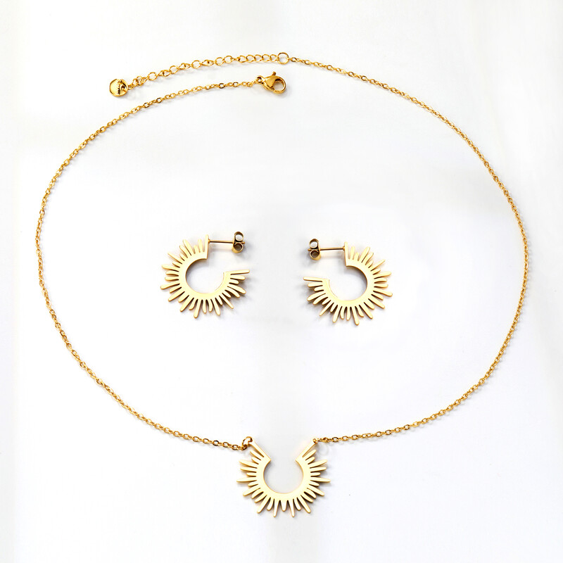 18K PVD Gold Stainless Steel Sunburst Jewelry Set, Radiant Sunshine Necklace and Earr