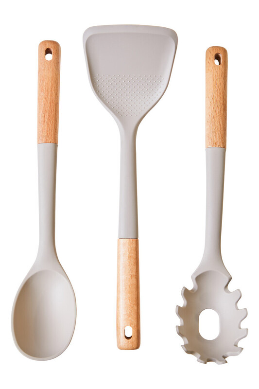 3pc Kitchen Tool Set with Stone Grey Silicone Heads