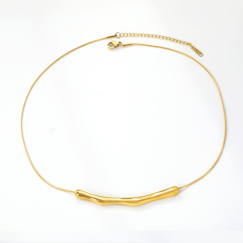 18K PVD Gold Stainless Steel Wave Bar Pendant Necklace, 5.7x65mm Curved Statement Jew