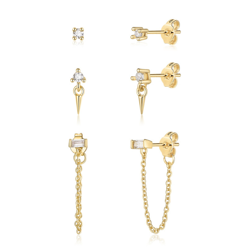 3-Pair Gold Plated Stud and Chain Earrings Set