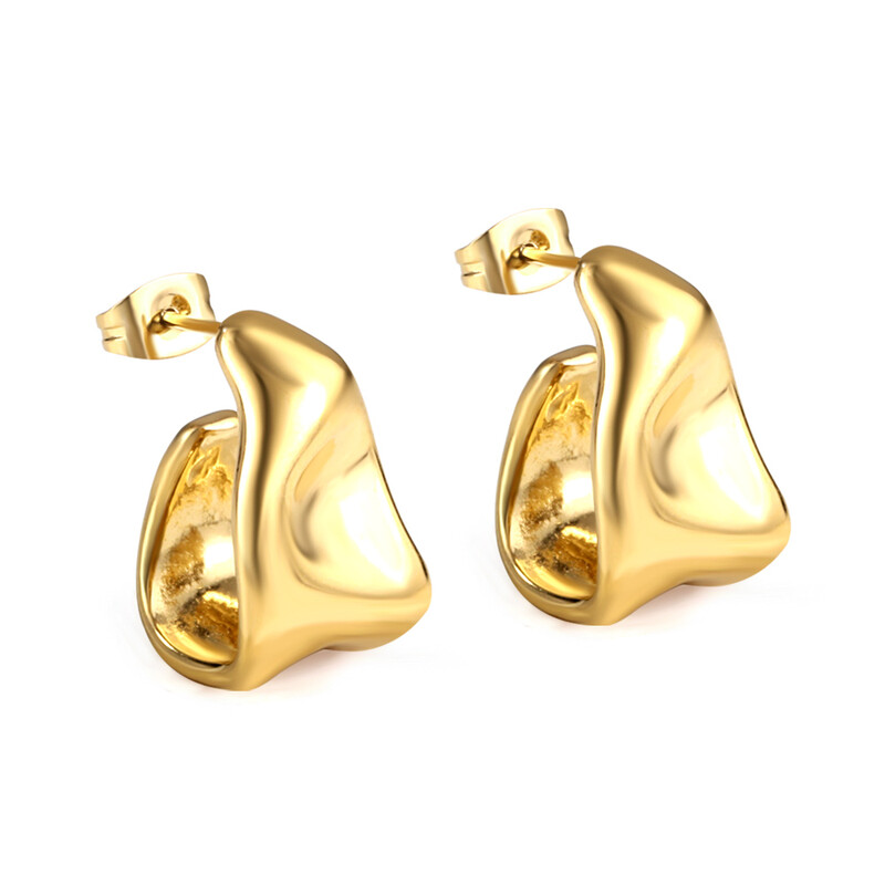 Gold Tone Irregular Geometric Abstract Stud Earrings, High Polish Hammered Effect Met