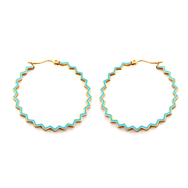18K Gold Plated 45mm Large Round Hoop Earrings, Blue Beaded Accent Stainless Steel Ho
