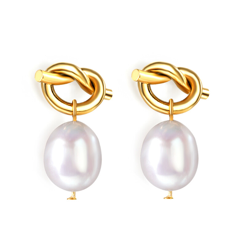 Gold Tone Knot Design Earrings with Freshwater Pearl Dangle, Nautical Rope Knot Studs