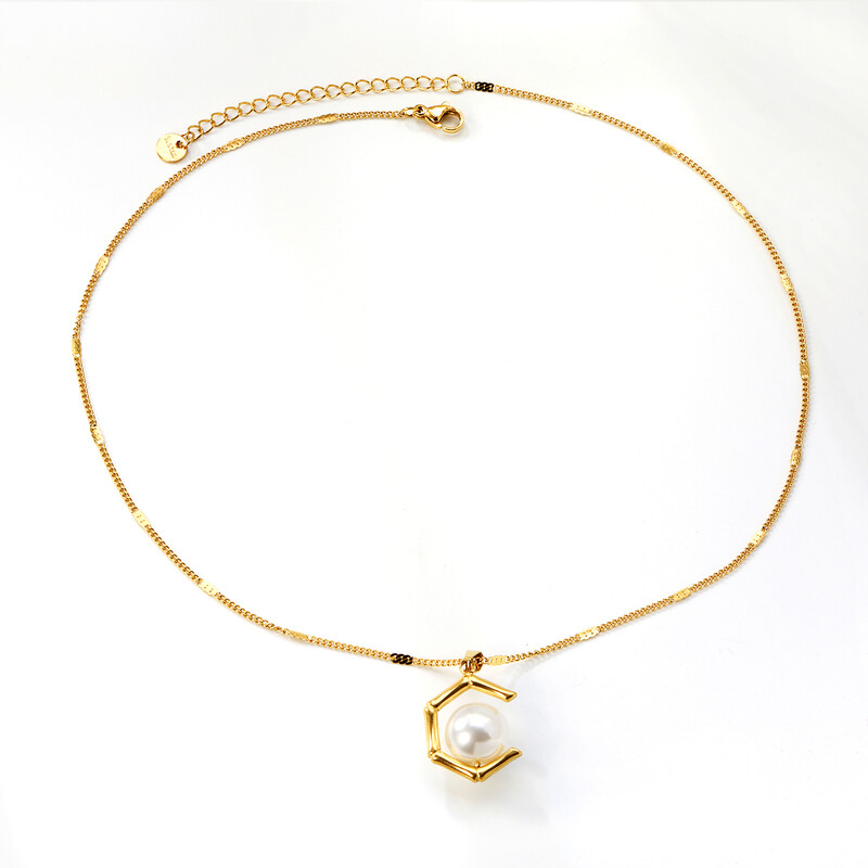 Hexagon Pearl Pendant Necklace, 18K Gold Plated Geometric Jewelry