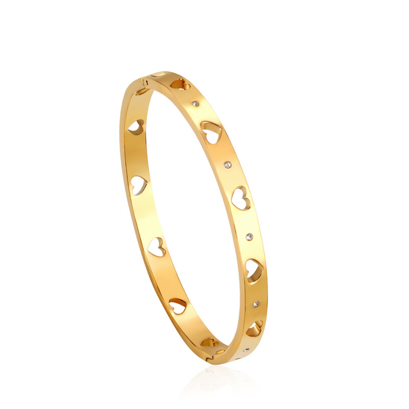 18K Gold Plated Stainless Steel Bangle for Women, Inlaid Round Cubic Zirconia Stones,