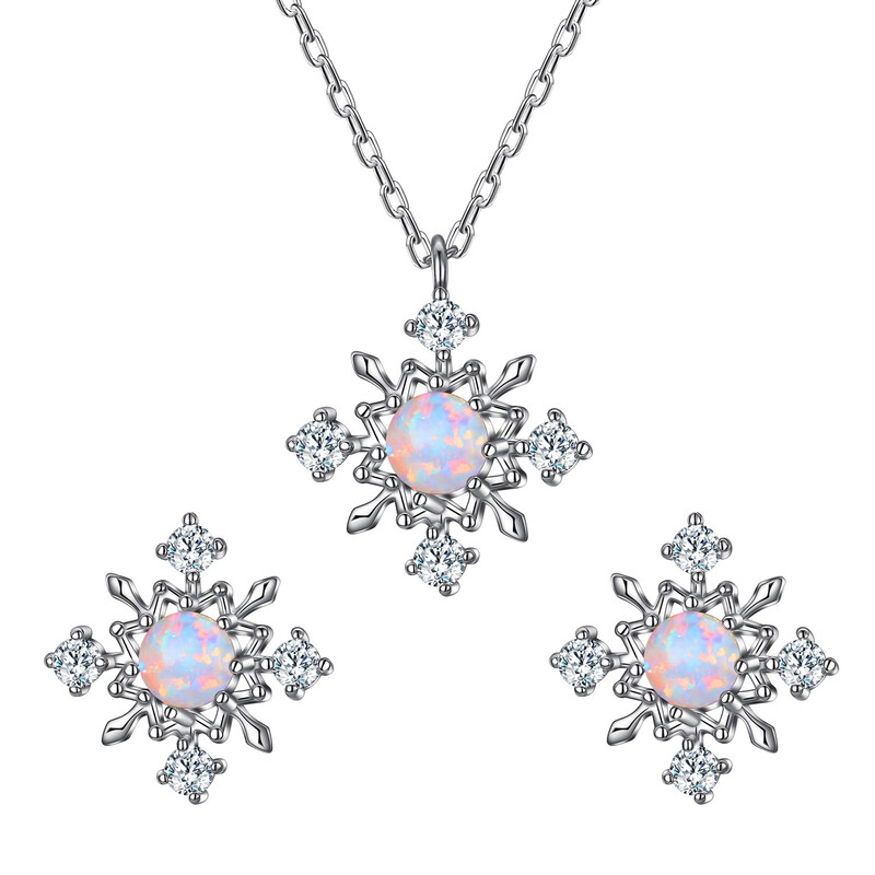 Snowflake Necklace and Earrings Set with Opal and Cubic Zirconia Round Gemstone Desig