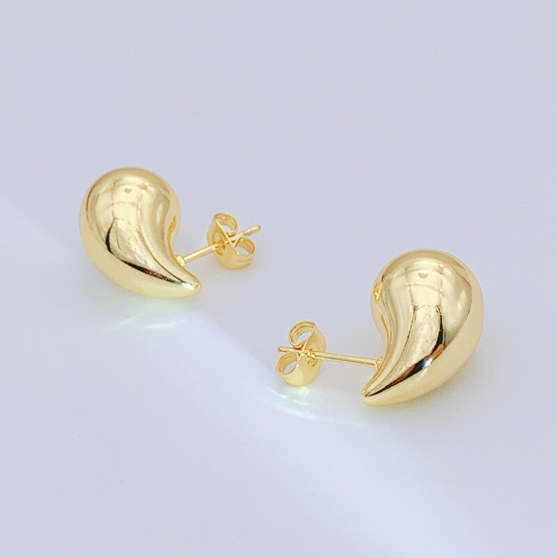 Gold Teardrop Stud Earrings for Women - 18K Gold Plated Chunky Waterdrop Design, Mini