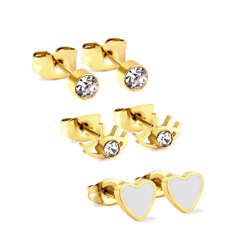 3-Pair Set Heart & Starburst Crystal Stud Earrings, 18k PVD Gold Plated Stainless Ste