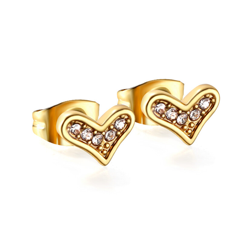 Gold Plated Asymmetrical Heart Stud Earrings – Crystal Paved Crooked Heart Design, Sp