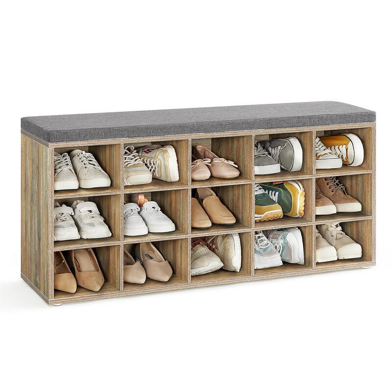 Shoe Bench, 15 Open Storage Compartments, 105x30x48cm, Oak with Blue Grains and Grey