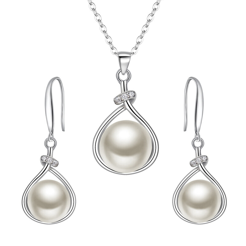 Cubic Zirconia and Freshwater Pearl Single Row Pendant Necklace and Dangle Hook Earri