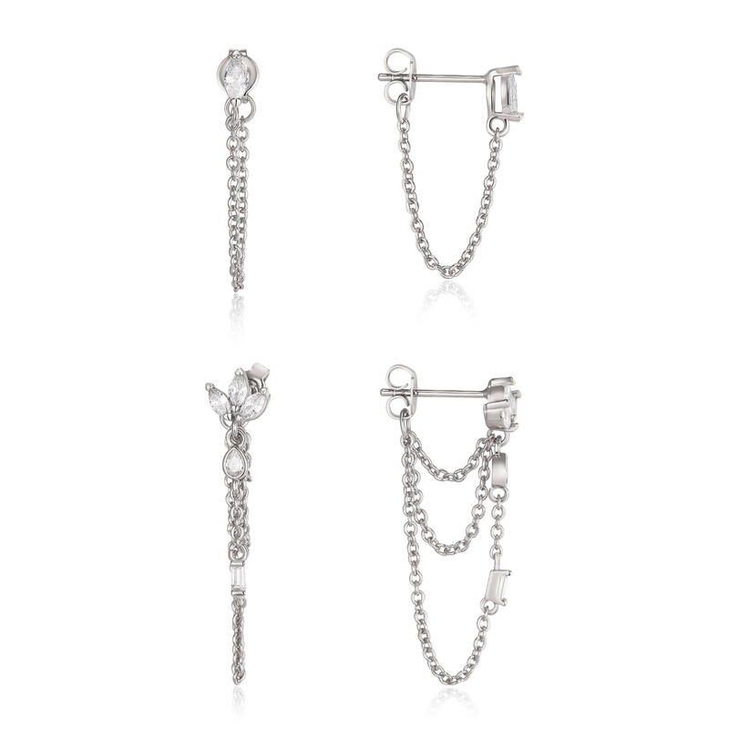 Cubic Zirconia Hypoallergenic Dainty Chain and Stud Earrings Set