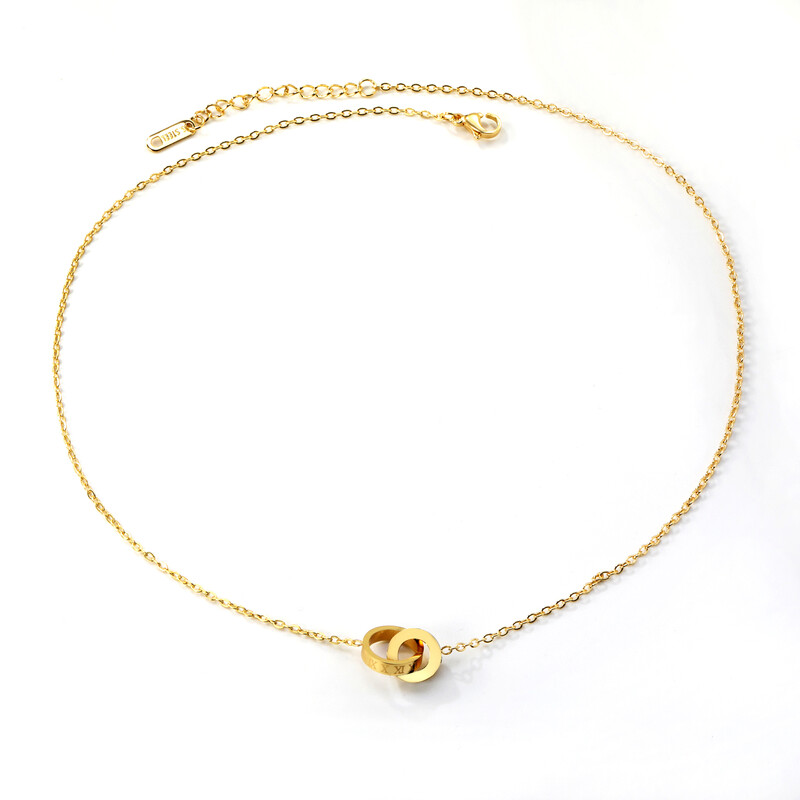 18K PVD Gold Stainless Steel Interlocking Double Circle Necklace, Roman Numeral Penda