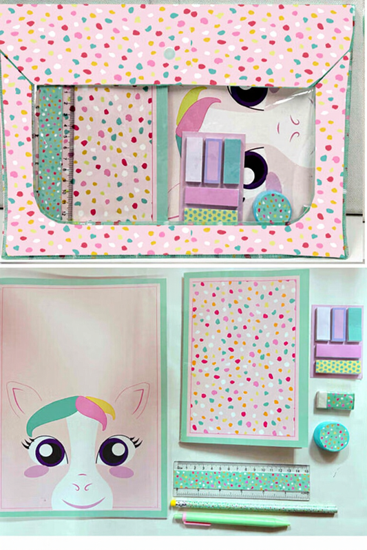 INPROB Eenhoorn Stationery Set - Roze, 9 stuks, 33 x 23 cm