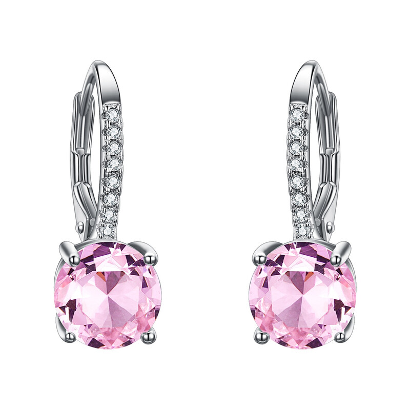 Pink Round Drop Leverback Dangle Earrings with Full Cubic Zirconia