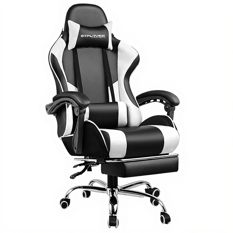 GTPLAYER Gaming Chair Office Chair with Massage Footrest Comfortable Backrest Headrest Ergonomic Design Faux Leather White 51*52*135 cm The seat cushion is soft and comfortable, highly breathable and the backrest is height-adjustable