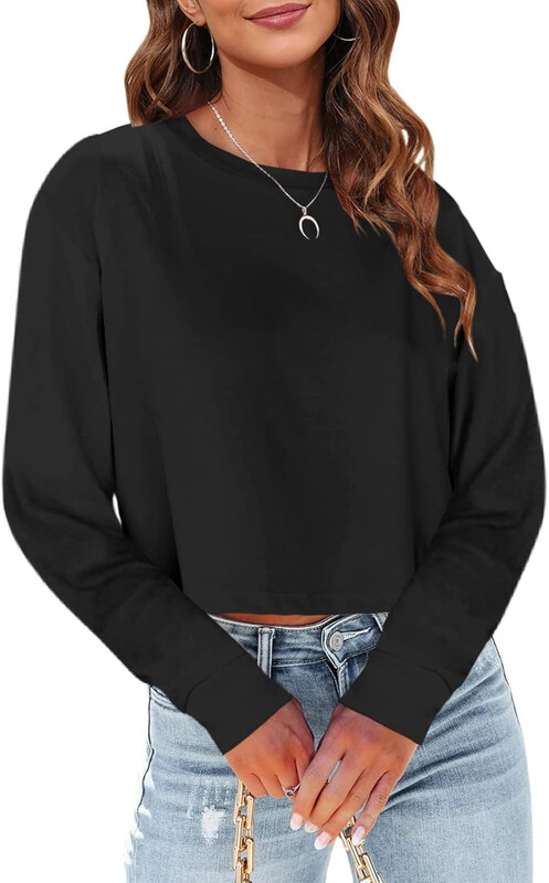 Woman Long Sleeve Cropped T Shirts Round Neck Casual Drop Shoulder Crop Tops Solid Sw