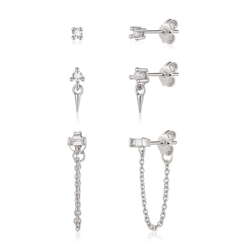3-Pair Stud and Chain Earrings Set