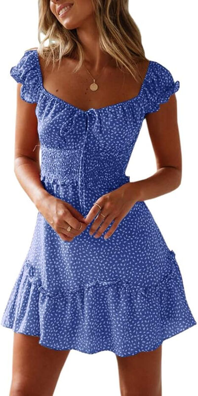 Women's Summer Ruffle Sleeve SWEETHEART Neckline Printing Dress Mini Dresses (blue， M