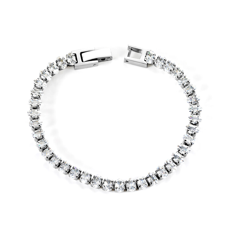 Oval Cut Cubic Zirconia Tennis Bracelet, 5x3.5mm White Stones with Buckle Clasp, Stai