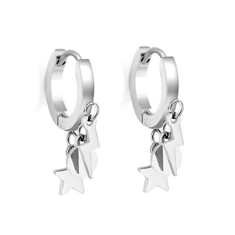 Stainless Steel Triple Charm Hoop Earrings, Star Circle and Lightning Bolt Dangle Hug