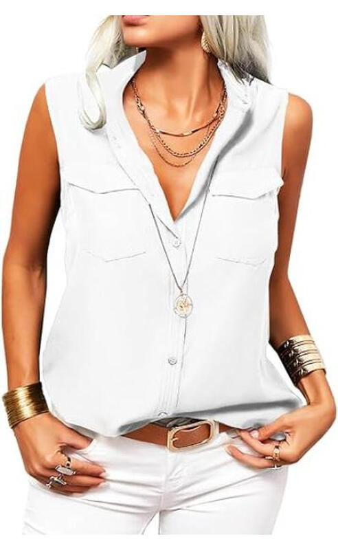 Women's Solid Lapel Sleeveless Tank Tops Summer Button Down Shirts Office Ladies Shir