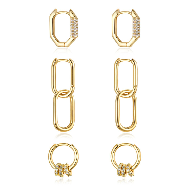 3Pair Hoop Earrings Set Cubic Zircon Chain Huggie Earring