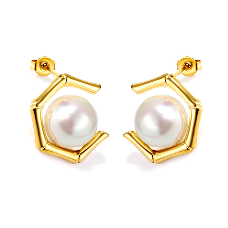 Gold Tone Pentagonal Pearl Stud Earrings, Geometric Stainless Steel Frame with White 