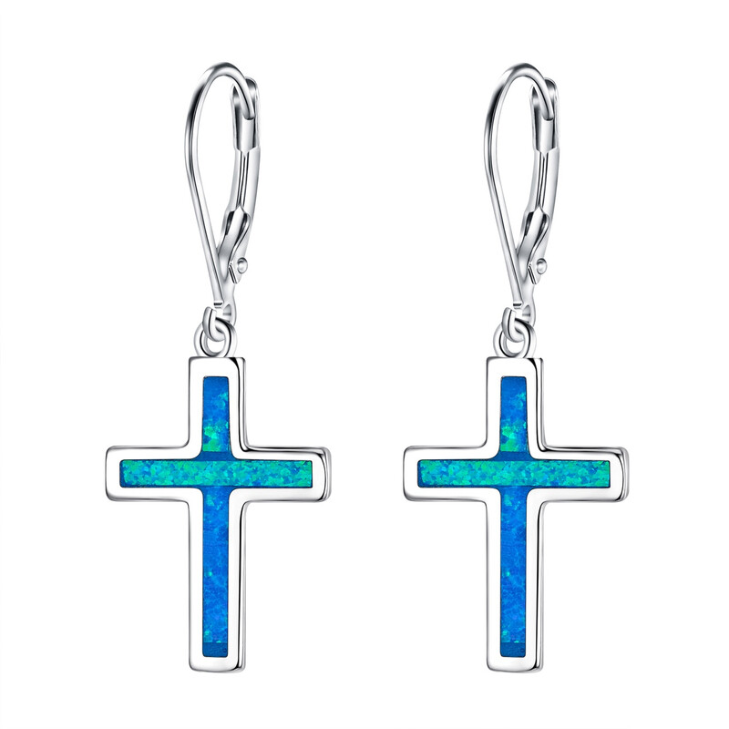 Cross Dangle Leverback Earrings with Created Opal Minimalist Church Style