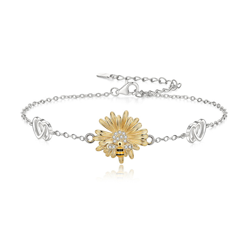 Cubic Zirconia Sunflower Honeybee Bracelet with Interlocking Heart Charm and Adjustab