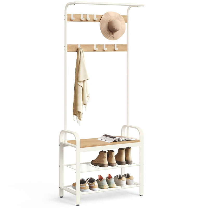VASAGLE Hallway Coat Rack Bench 2 Shoe Shelves Oak Effect/Cream Narrow