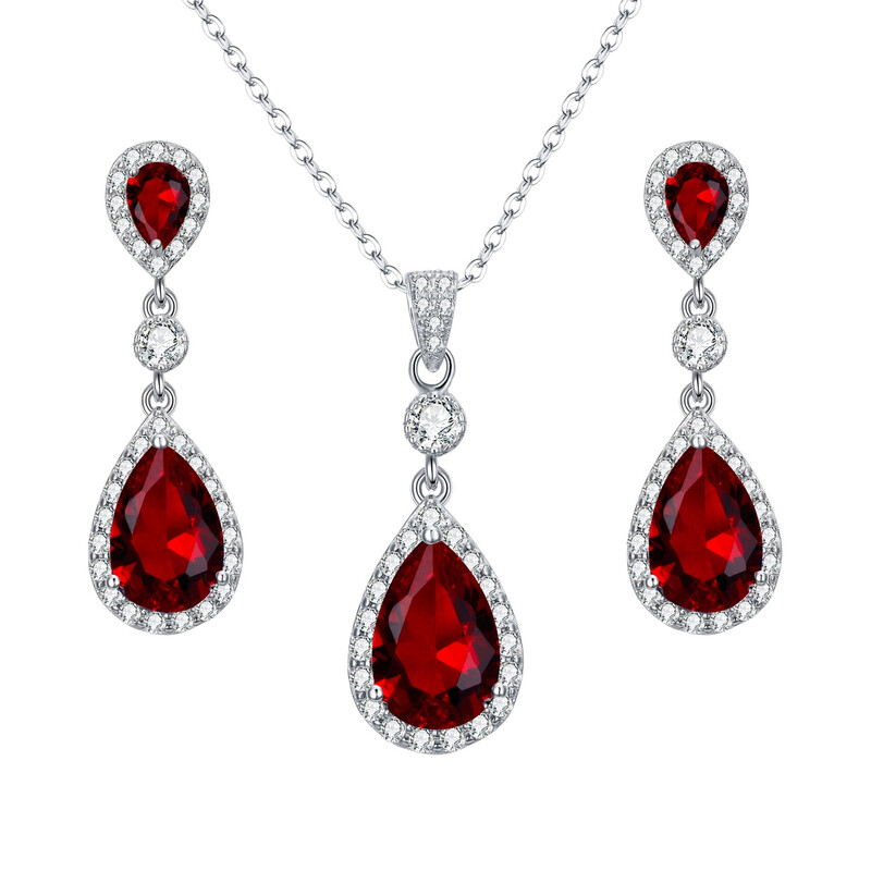 Red Cubic Zirconia Infinity Teardrop Pendant Necklace and Dangle Earrings Set