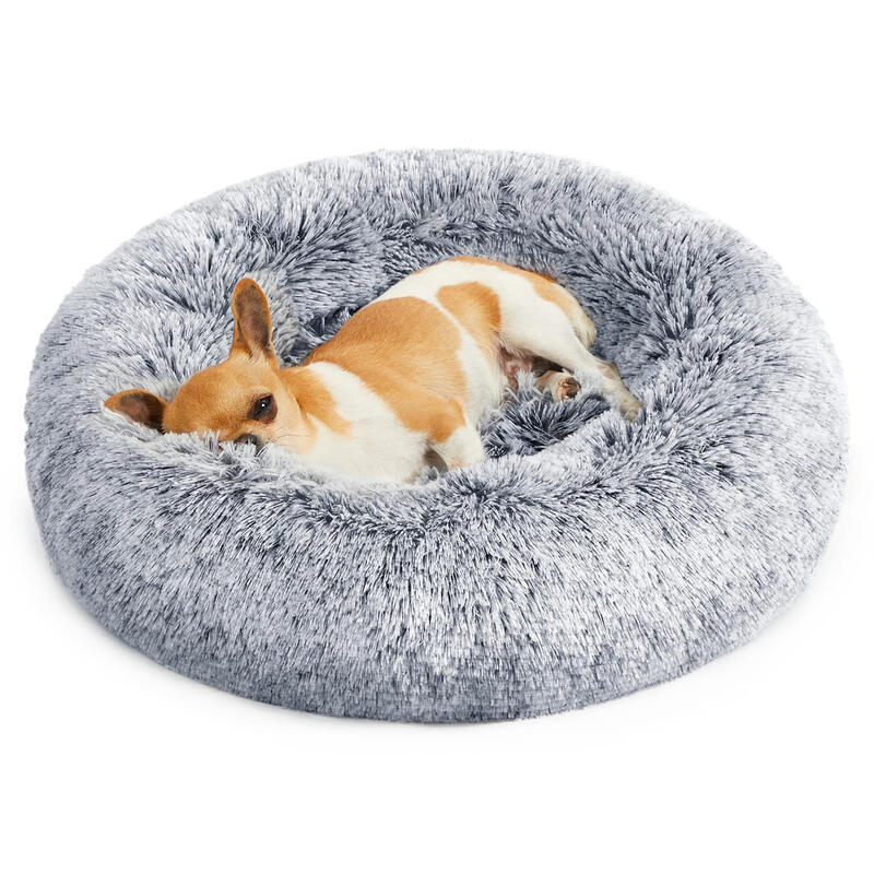 Fluffy Dog Bed, Cat Bed, Doughnut Cushion, 50x50x20cm, Grey