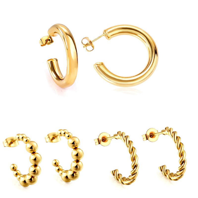 18K PVD Gold Stainless Steel Chunky C-Shape Hoop Earrings, Hollow Geometric Open Hoop