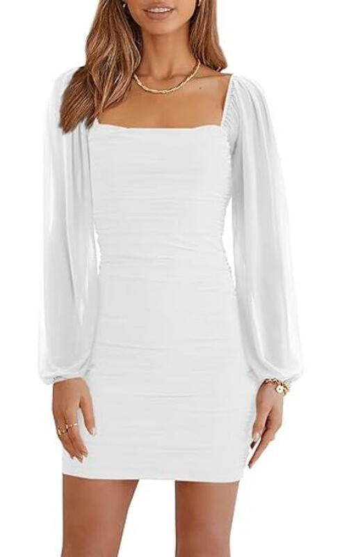 Women's Mesh Long Sleeve Dress Square Neck Ruched Mini Bodycon Dress Stretch Party Co