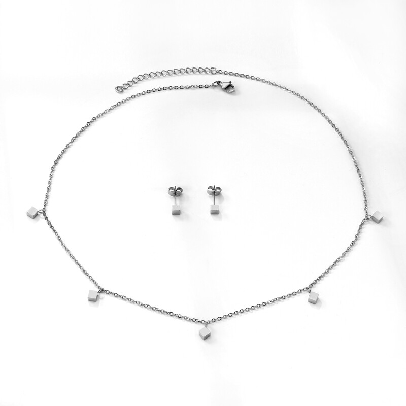 Silver Tone Stainless Steel Square Station Jewelry Set, 5-Piece Minimalist Geometric 