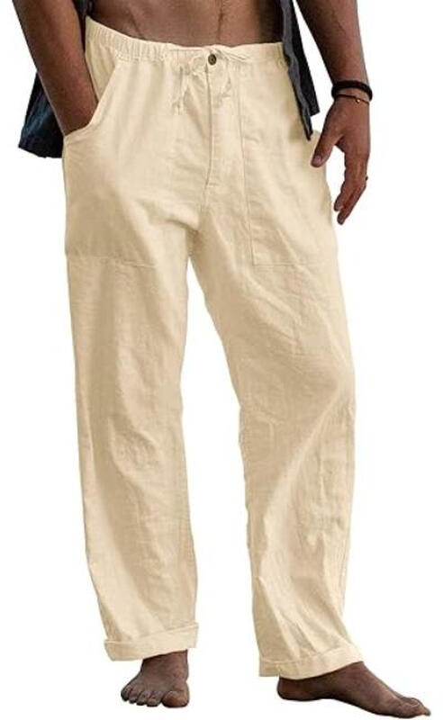 Men's Linen Trousers, Long Wide Summer Trousers, Drawstring Yoga Pants with Pockets, 