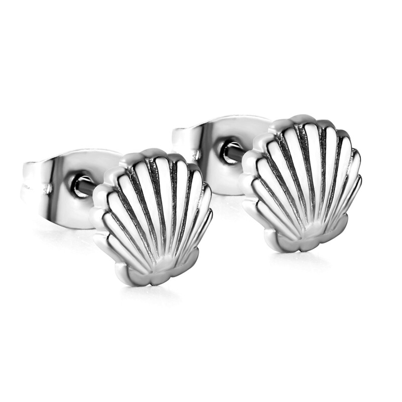 Stainless Steel Scallop Shell Stud Earrings – Hypoallergenic Silver Tone Ocean Jewelr