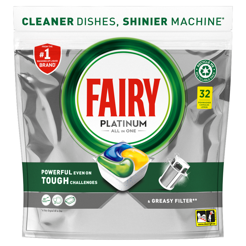 Fairy Platinum All In One Dishwasher Tablets, Lemon, 32 Capsules