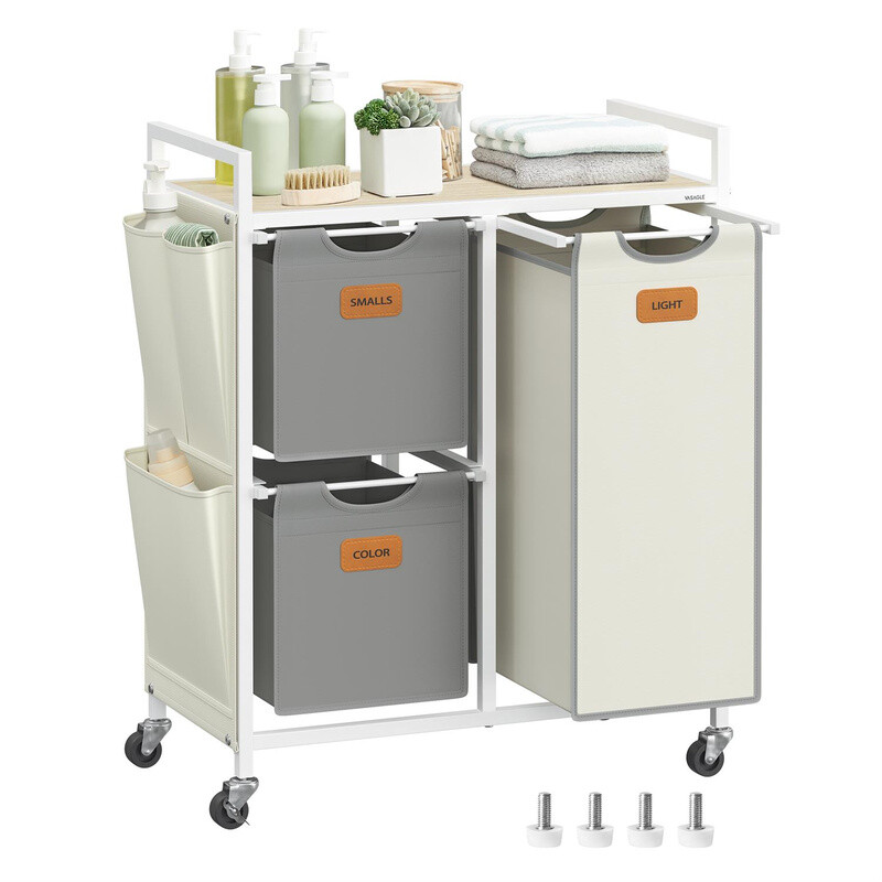 Laundry Basket, with 3 Compartments, 68.6x33x80.5cm, Dove Grey and Cream White