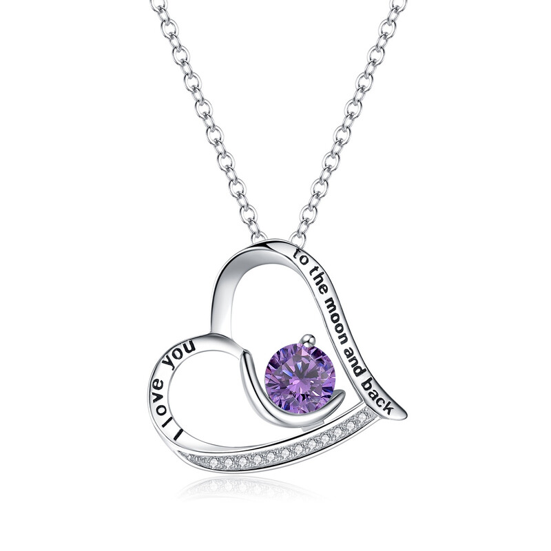 Love Heart I You to the Moon and Back Engraved Cubic Zirconia Gemstone Pendant Neckla