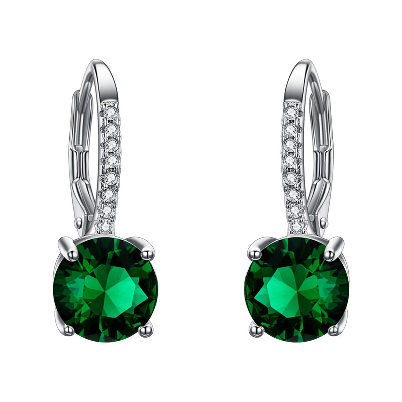 Green Round Drop Leverback Dangle Earrings with Full Cubic Zirconia