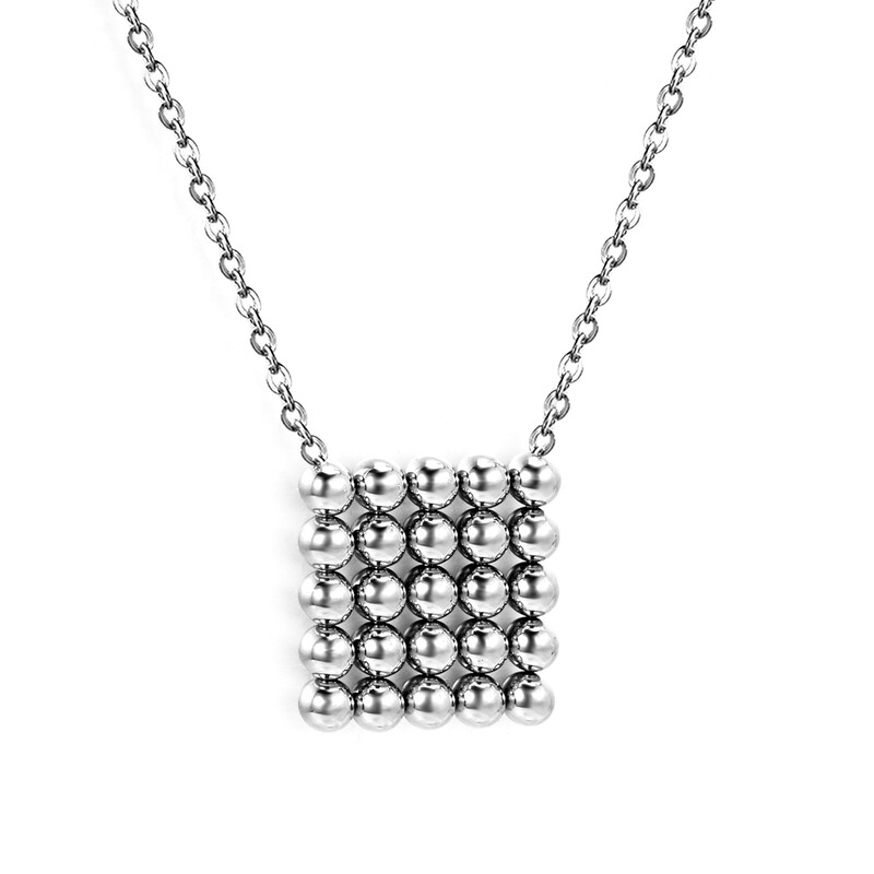 Silver Tone Stainless Steel Square Beaded Pendant Necklace, 45+5cm Geometric Jewelry