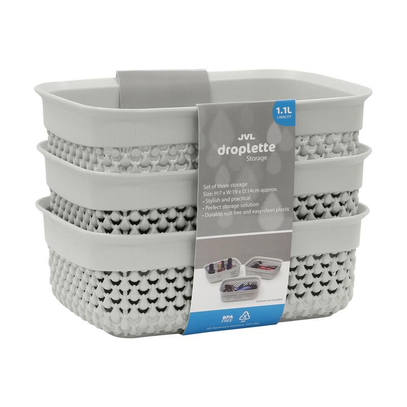 Droplette Design Rectangular Plastic Storage Baskets - Set of 3, Ice Grey