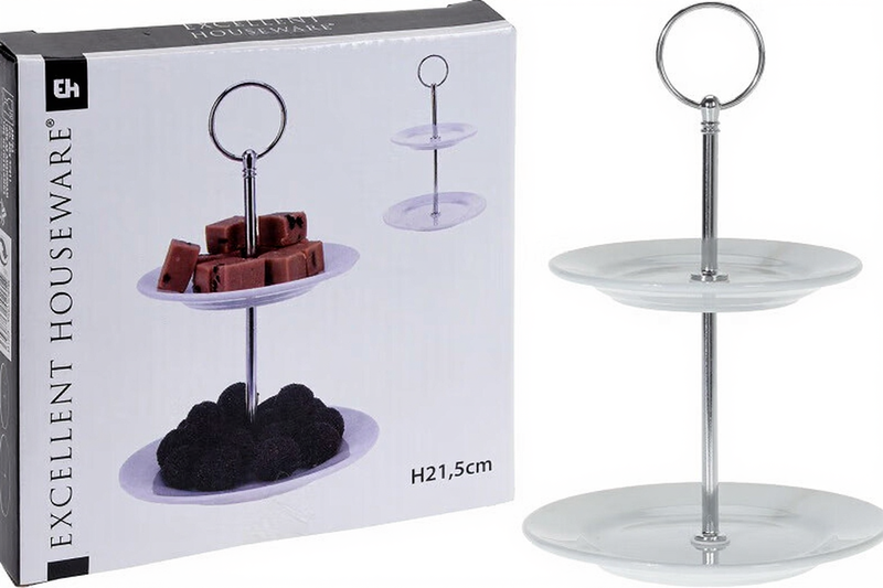 Excellent Houseware 2-stufiger runder Kuchen- und Keksständer Keramik Weiß 21,5cm