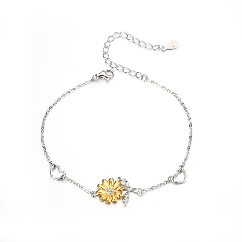 Sunflower and Double Love Heart Charm Hypoallergenic Adjustable Link Bracelet