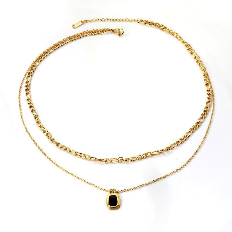 Double Layer Necklace with Black Rectangular Pendant, 18K Gold Plated Stainless Steel