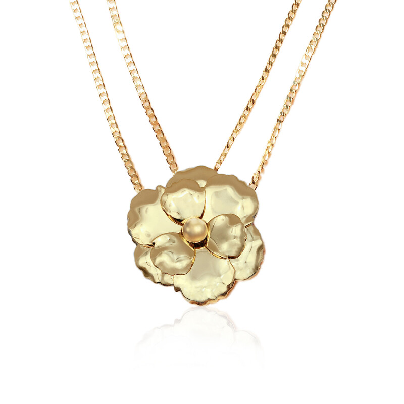 18K Gold Plated Large Floral Pendant Necklace, 26 Inch Long Chain Statement Jewelry